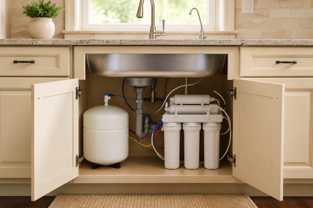 Under-sink reverse osmosis system with a white storage tank, filter canisters, and colored tubing in a kitchen cabinet.
