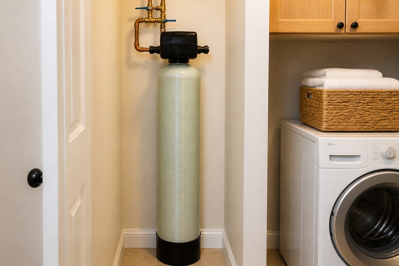 A single tall tank with no brine tank, installed in a laundry alcove next to a washing machine.