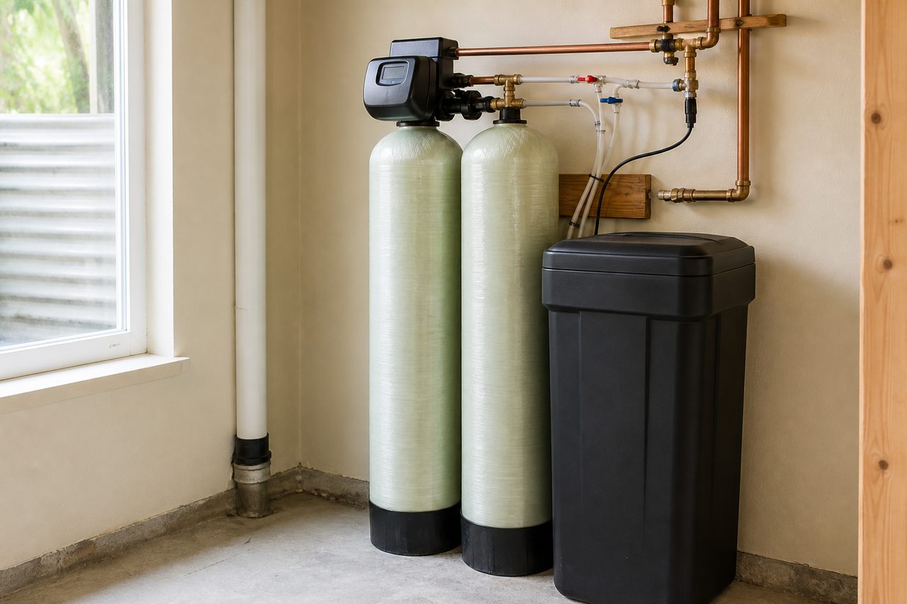 Two tall mineral tanks and a black brine tank of a salt-based water softener, plumbed with copper pipe in a garage.